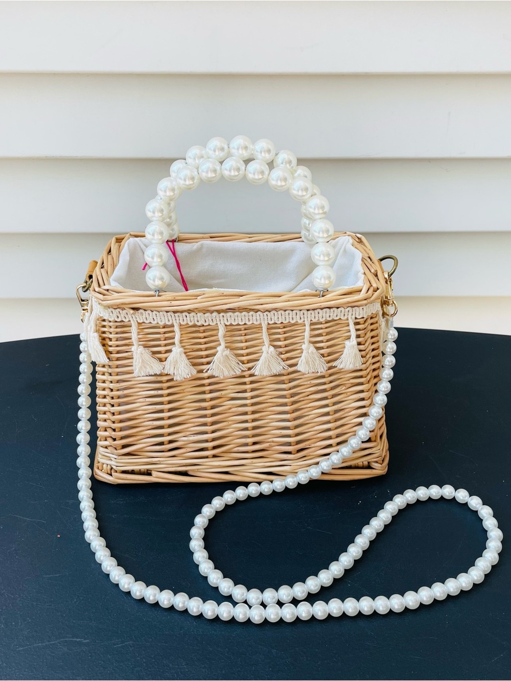 Woven Straw Crossbody Box Bag with Pearl Handles and Fringe trim